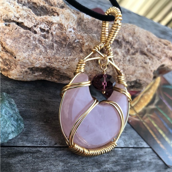 Wire Wrapped Rose Quartz Crescent Moon Crystal Necklace - Picture 3 of 11